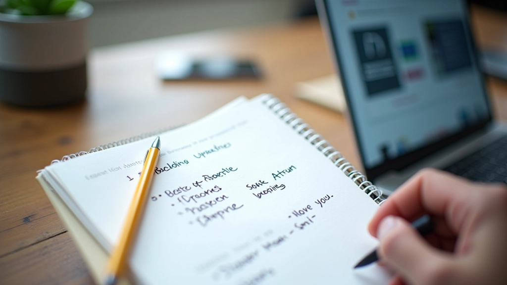 Close-up of notebook with research notes and handwritten list of website prospects