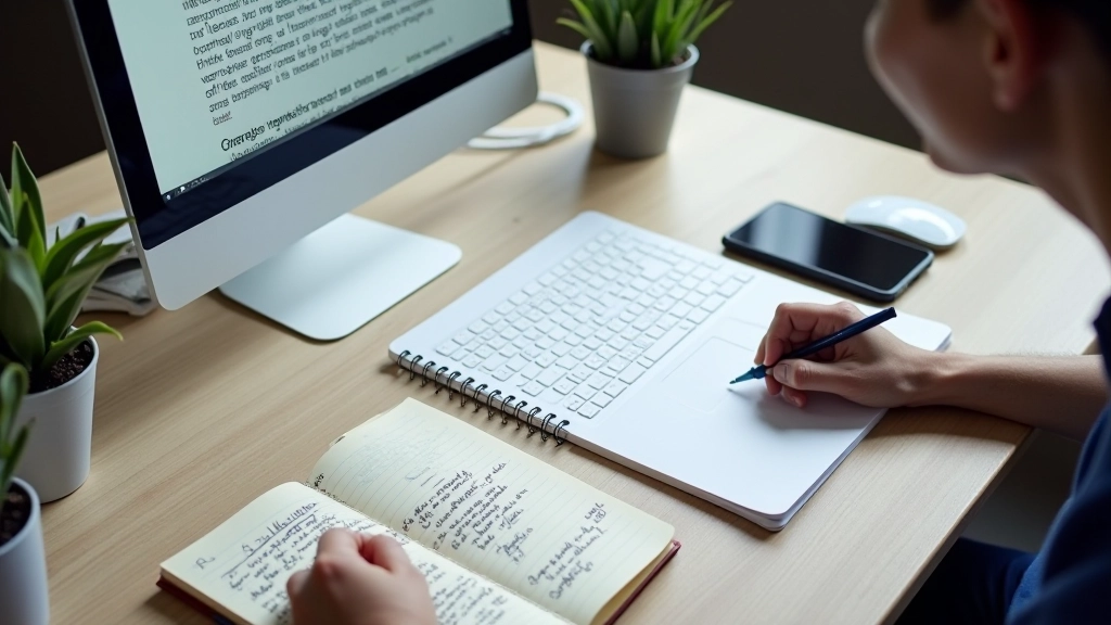 Hands pointing at article on computer monitor showing highlighted text and notes, analyzing content and finding connection points for outreach