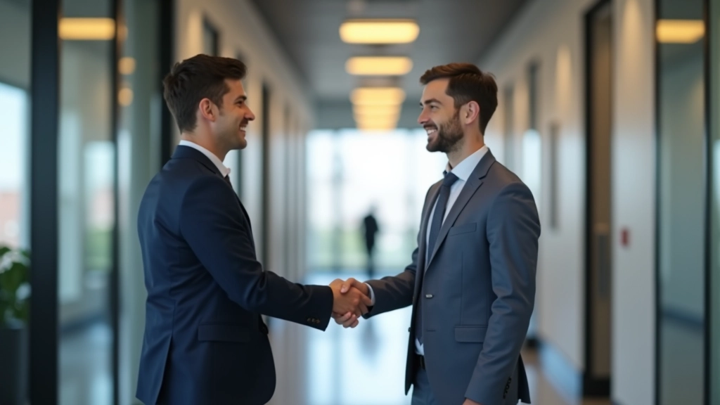 Two professionals in business attire shaking hands at a conference, discussing collaboration and partnership strategy